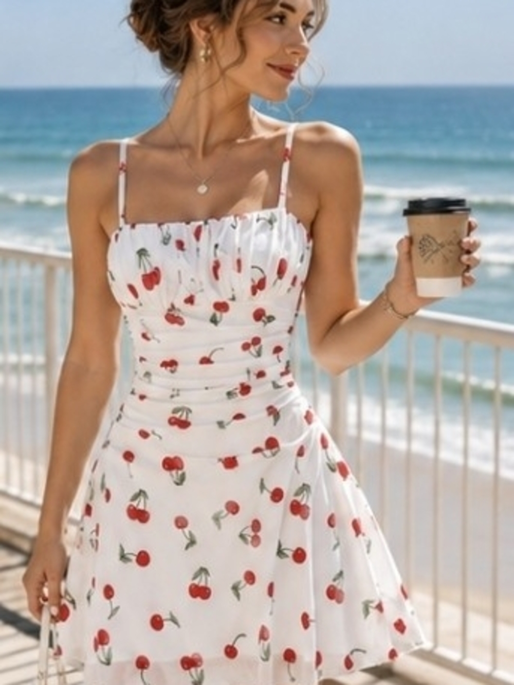 Cherry Print Ruched Mesh Mini Dress Cottagecore Coquette Summer Sundress Large
